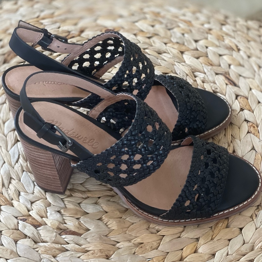 Gorgeous Madewell Black Braided Crotchet LeatherSandals with wood block heel - Picture 6 of 8